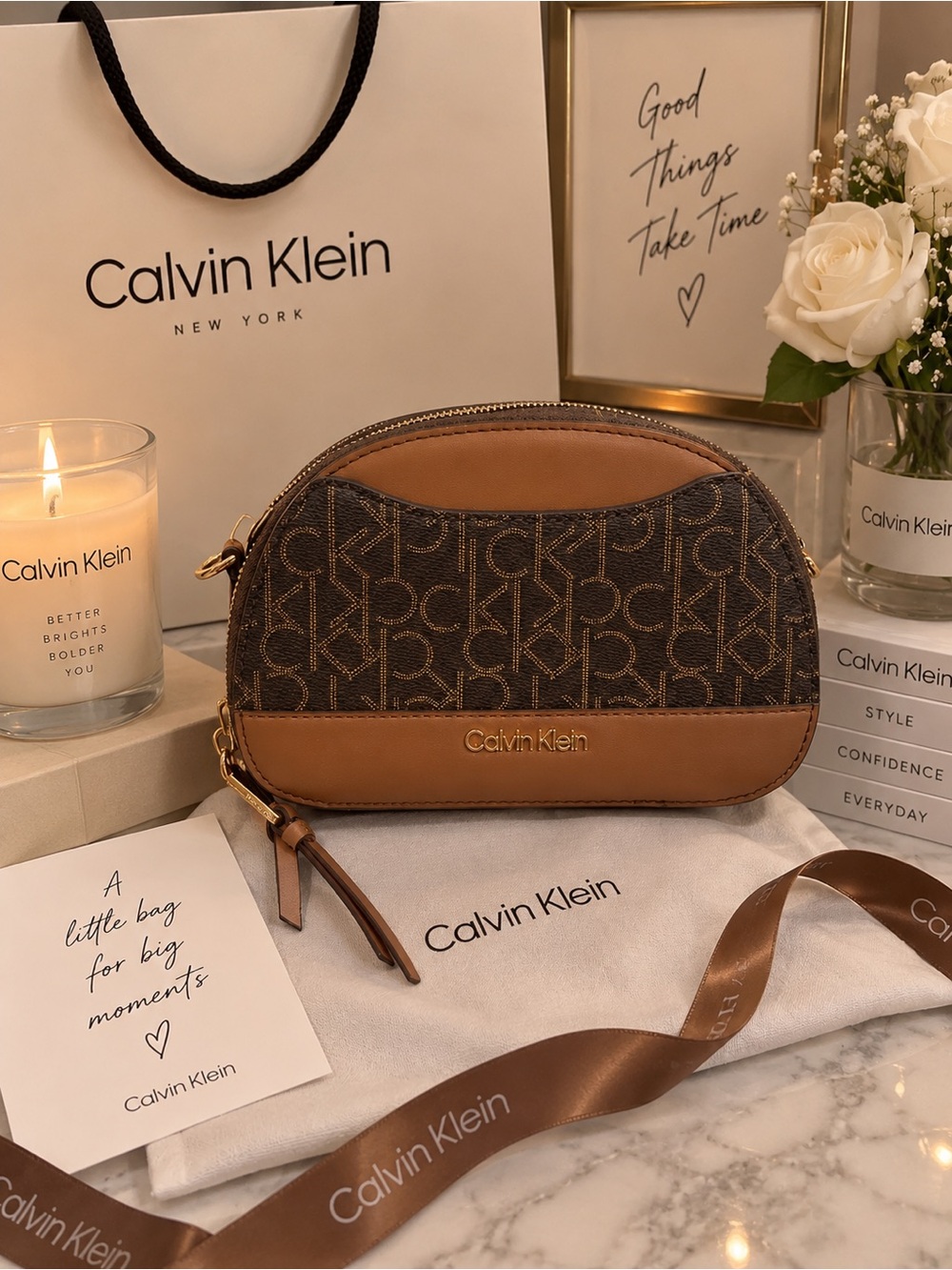 Calvin Klein Brown Monogram and Tan Leather Crossbody Bag